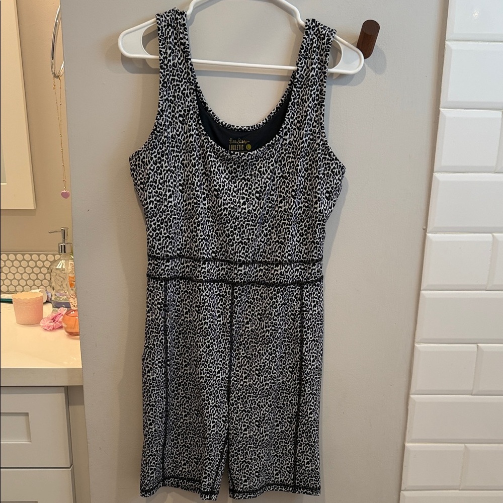 Lilly Pulitzer- Luxletic Leopard Print Romper in Black & White with pocket